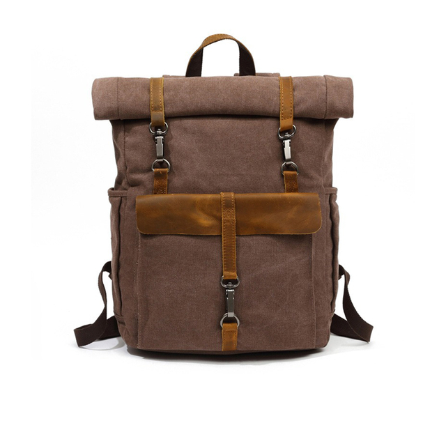 Vintage Canvas Roll-Top Laptop Backpack with Buckled Front Storage Pocket