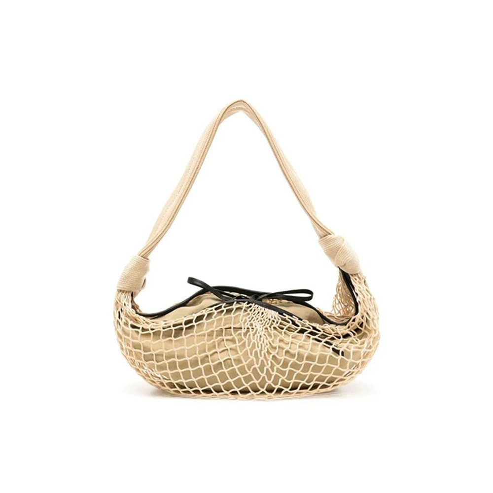 Crescent-Shaped Genuine Leather Crossbody Bag with Woven Net Overlay